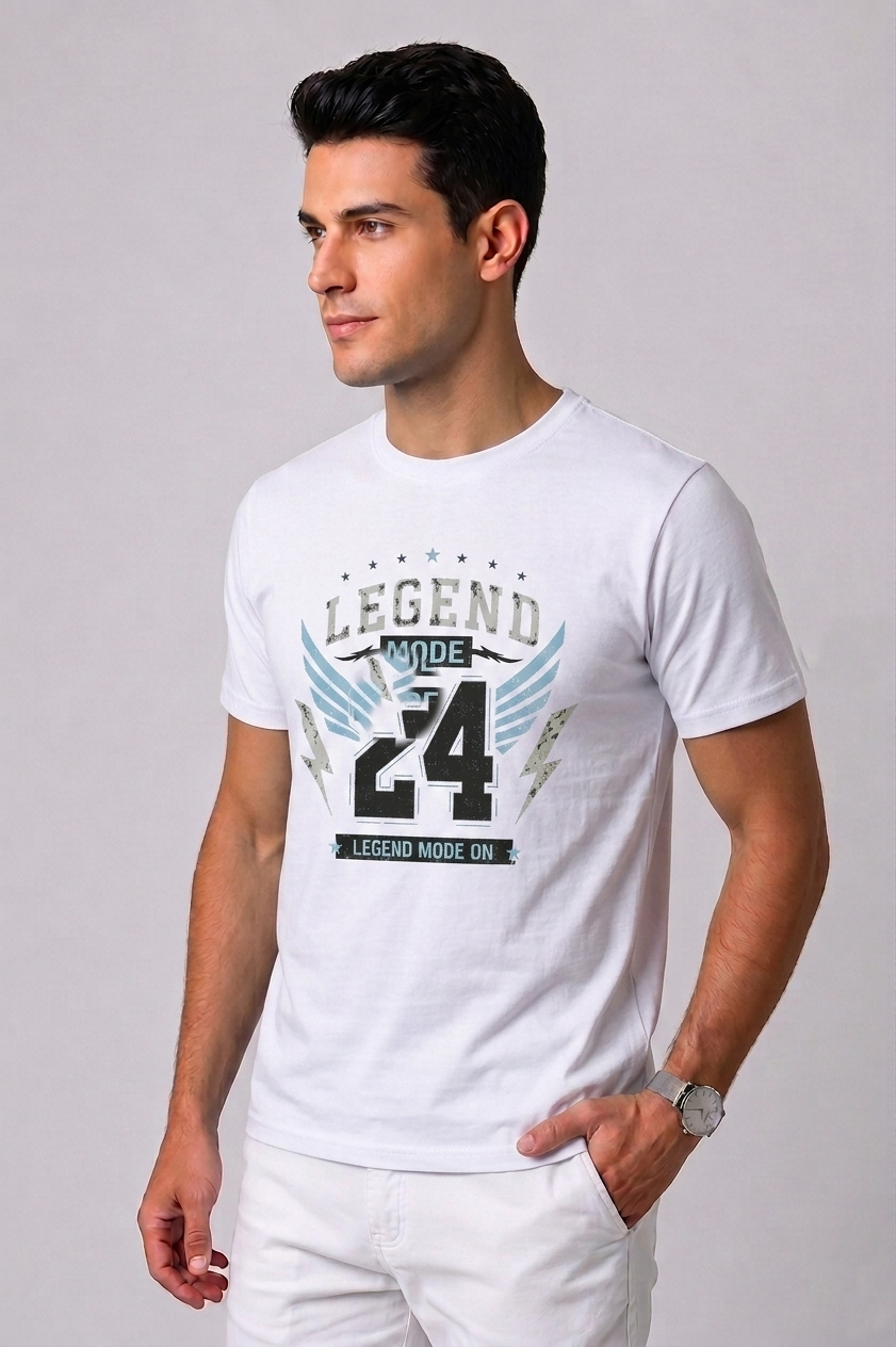 Attire Hub Mens Pure Cotton White Legend Mode Printed Round T-Shirt