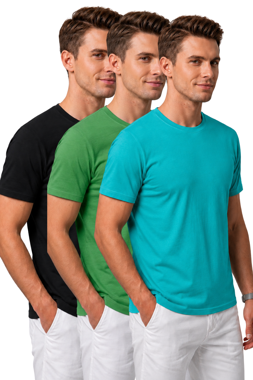 Attire Hub Mens Pure Cotton Multi Pack Solid Round T-Shirt (Pack of 3)