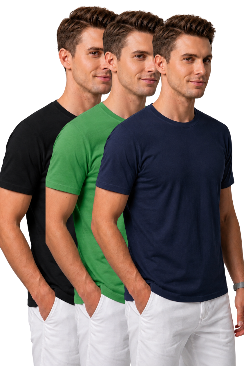 Attire Hub Mens Pure Cotton Multi Pack Solid Round T-Shirt (Pack of 3)