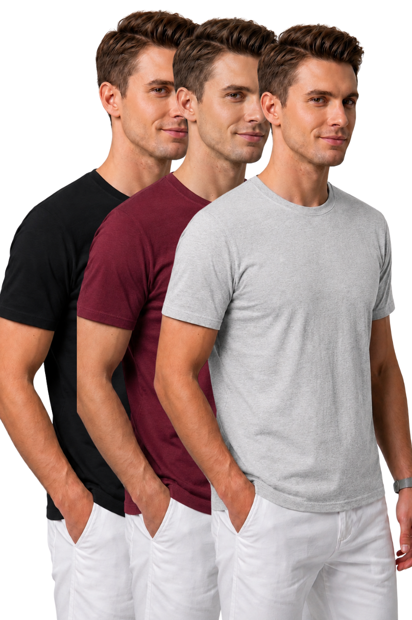 Attire Hub Mens Pure Cotton Multi Pack Solid Round T-Shirt (Pack of 3)
