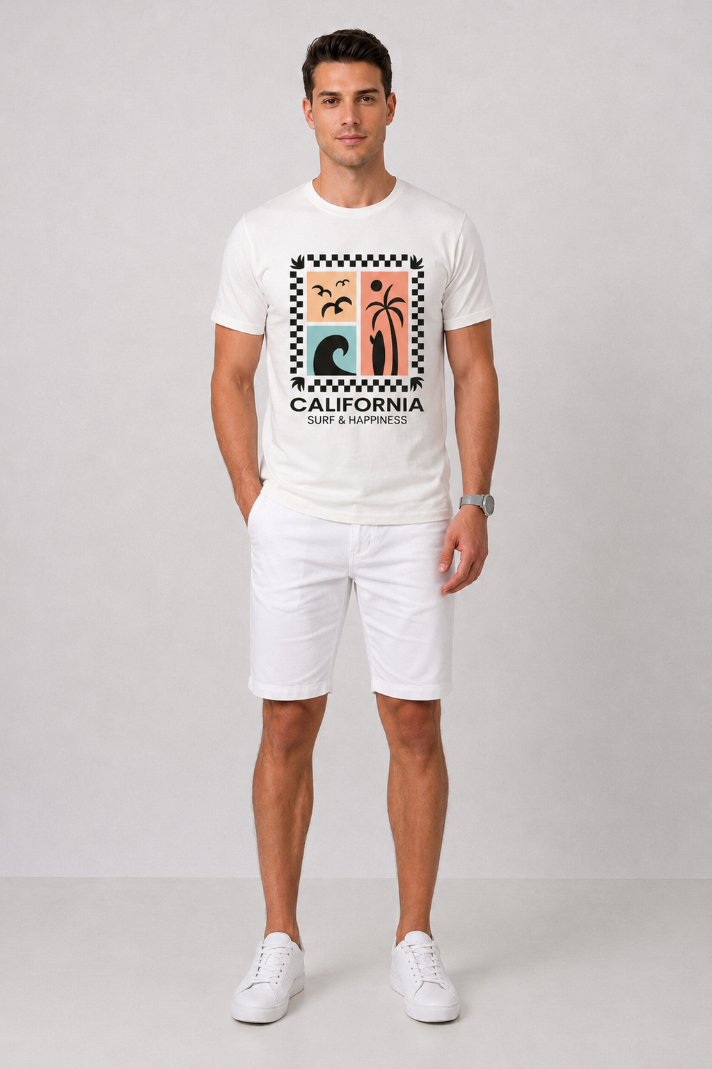 Attire Hub Mens Pure Cotton White Long California Printed Round T-Shirt