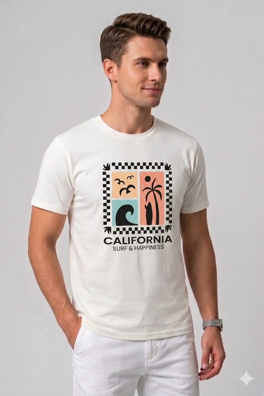 Attire Hub Mens Pure Cotton White Long California Printed Round T-Shirt