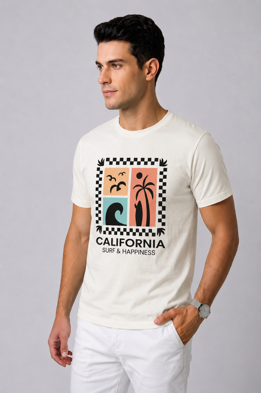 Attire Hub Mens Pure Cotton White Long California Printed Round T-Shirt