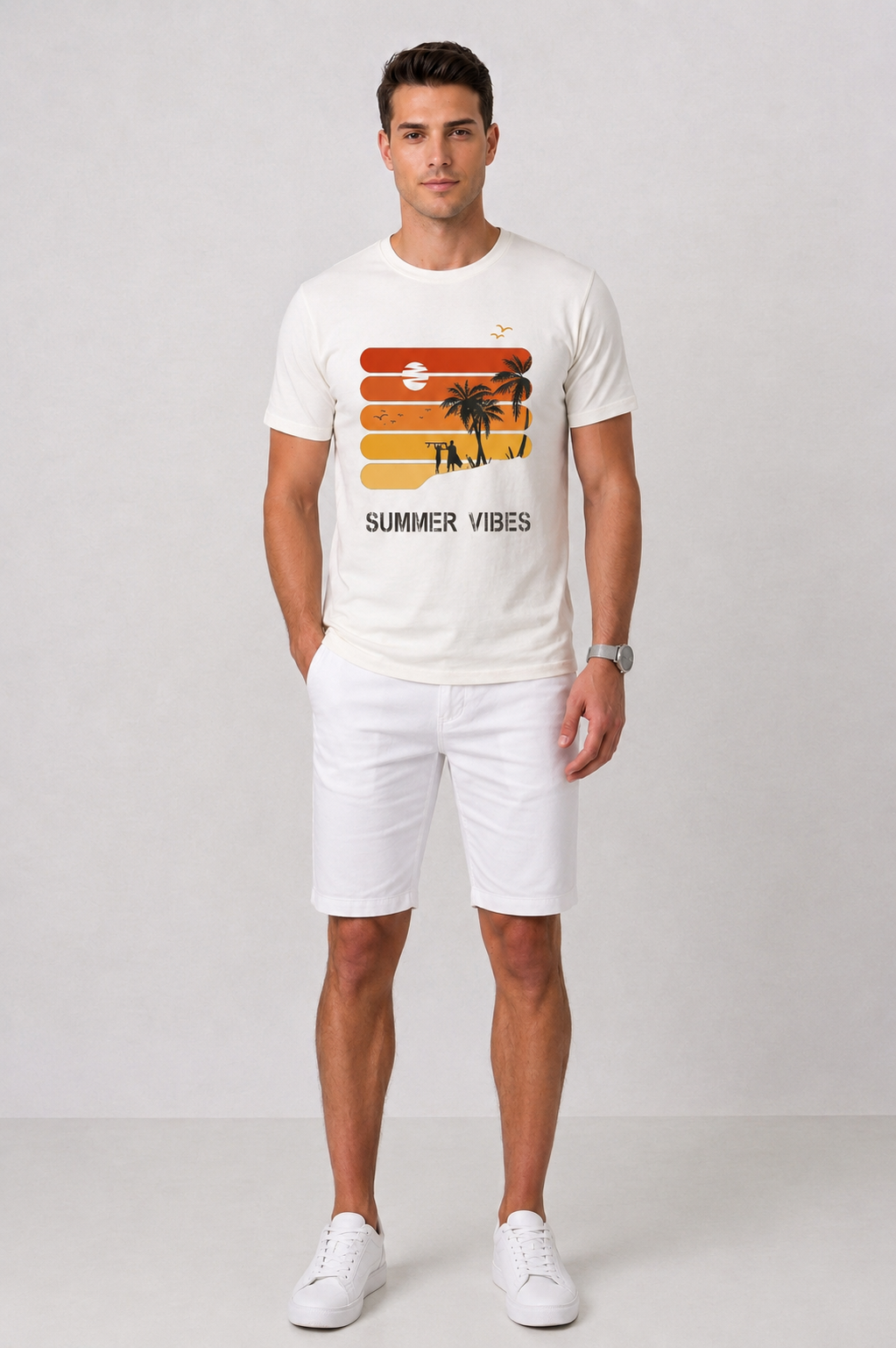 Attire Hub Mens Pure Cotton White Sunset Summer Vibes Printed Round T-Shirt