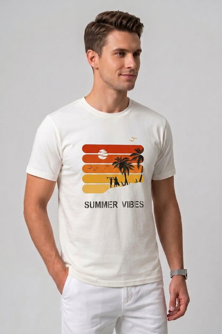 Attire Hub Mens Pure Cotton White Sunset Summer Vibes Printed Round T-Shirt