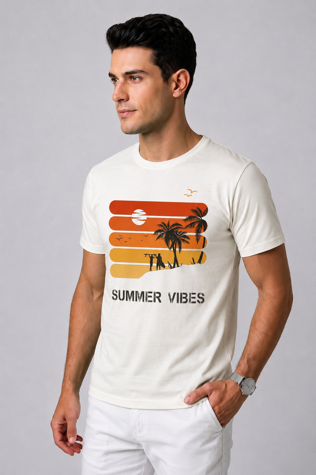 Attire Hub Mens Pure Cotton White Sunset Summer Vibes Printed Round T-Shirt