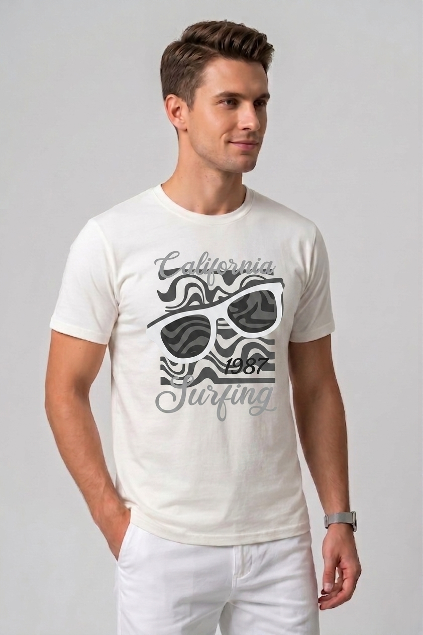 Attire Hub Mens Pure Cotton White California 1987 Printed Round T-Shirt