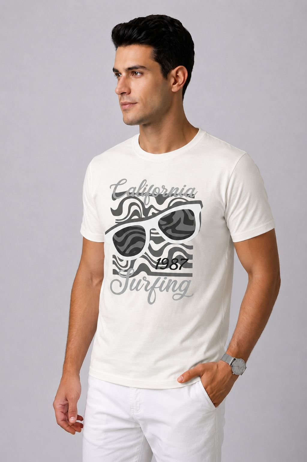 Attire Hub Mens Pure Cotton White California 1987 Printed Round T-Shirt