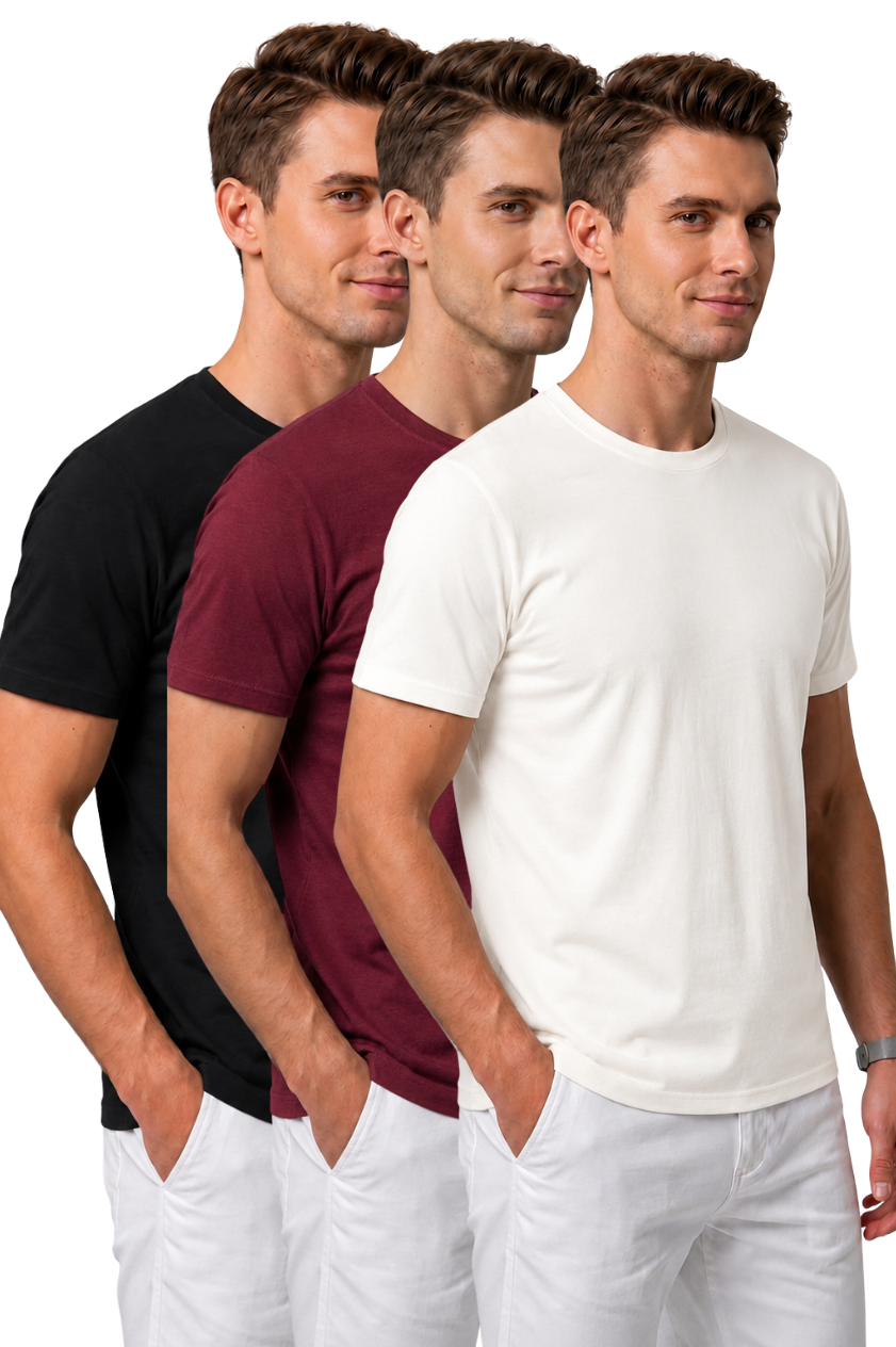 Attire Hub Mens Pure Cotton Multi Pack Solid Round T-Shirt (Pack of 3)