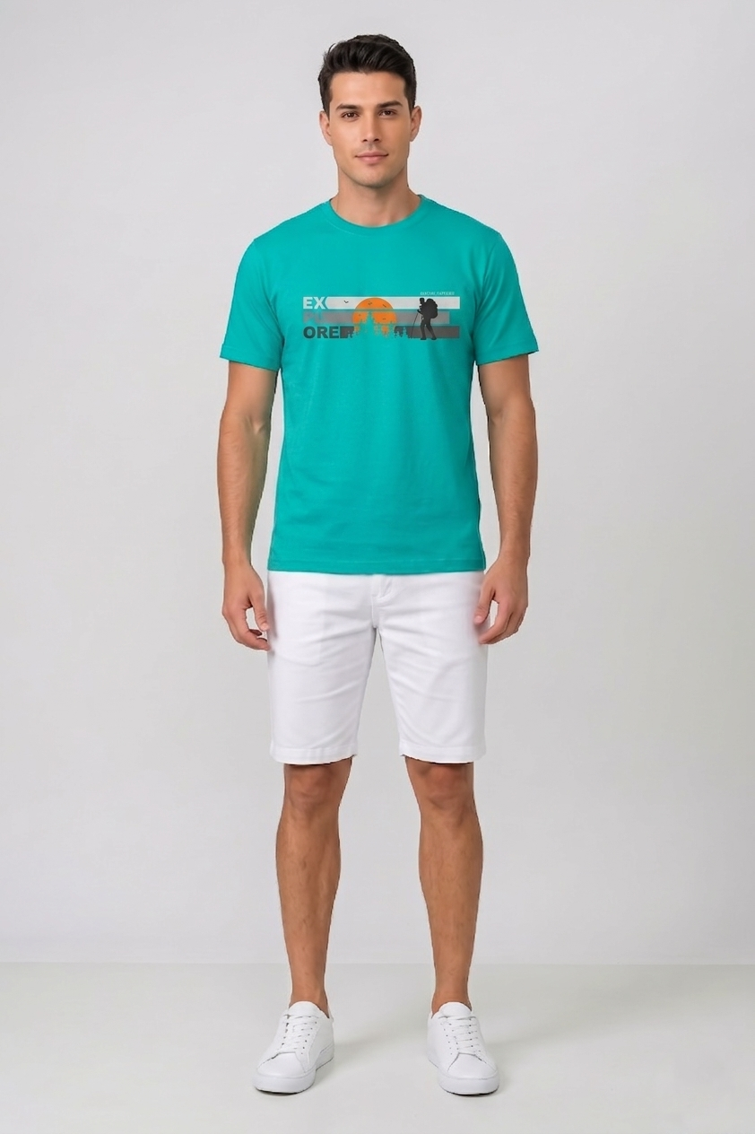 Attire Hub Mens Pure Cotton Teal Explore Printed Round T-Shirt