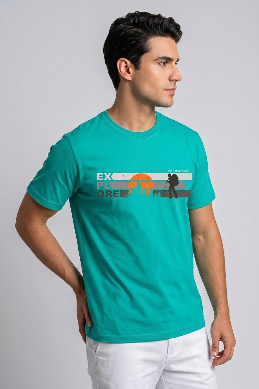 Attire Hub Mens Pure Cotton Teal Explore Printed Round T-Shirt