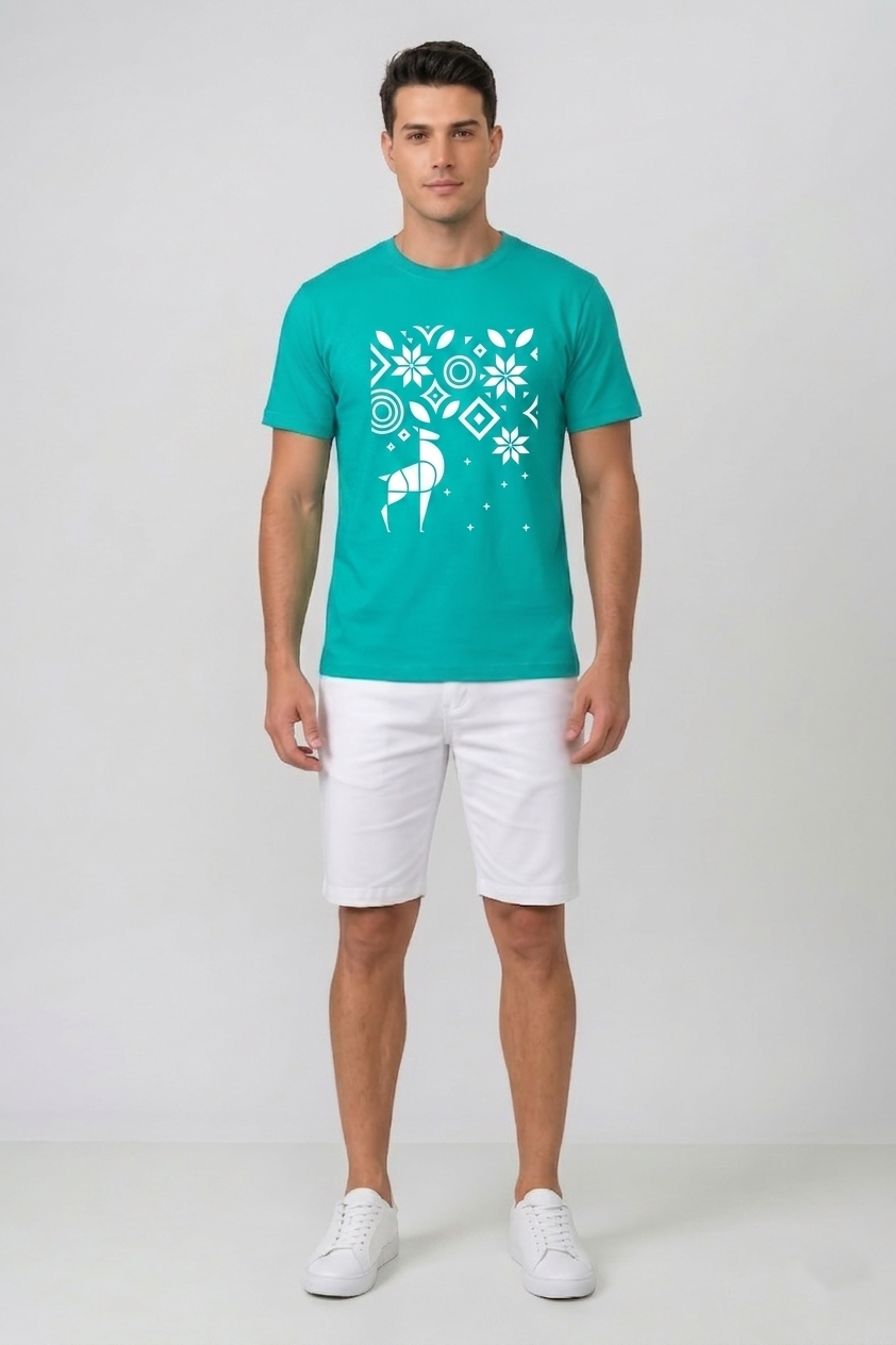 Attire Hub Mens Pure Cotton Teal Geomatric Deer Printed Round T-Shirt
