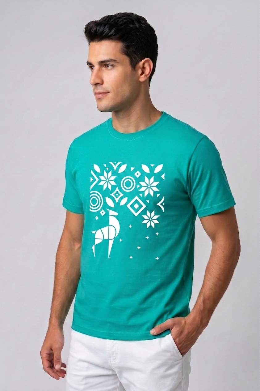 Attire Hub Mens Pure Cotton Teal Geomatric Deer Printed Round T-Shirt