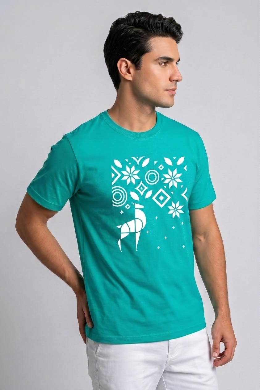 Attire Hub Mens Pure Cotton Teal Geomatric Deer Printed Round T-Shirt
