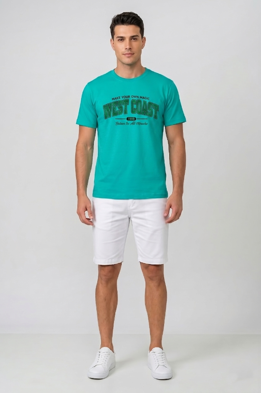 Attire Hub Mens Pure Cotton Teal West Coast Printed Round T-Shirt