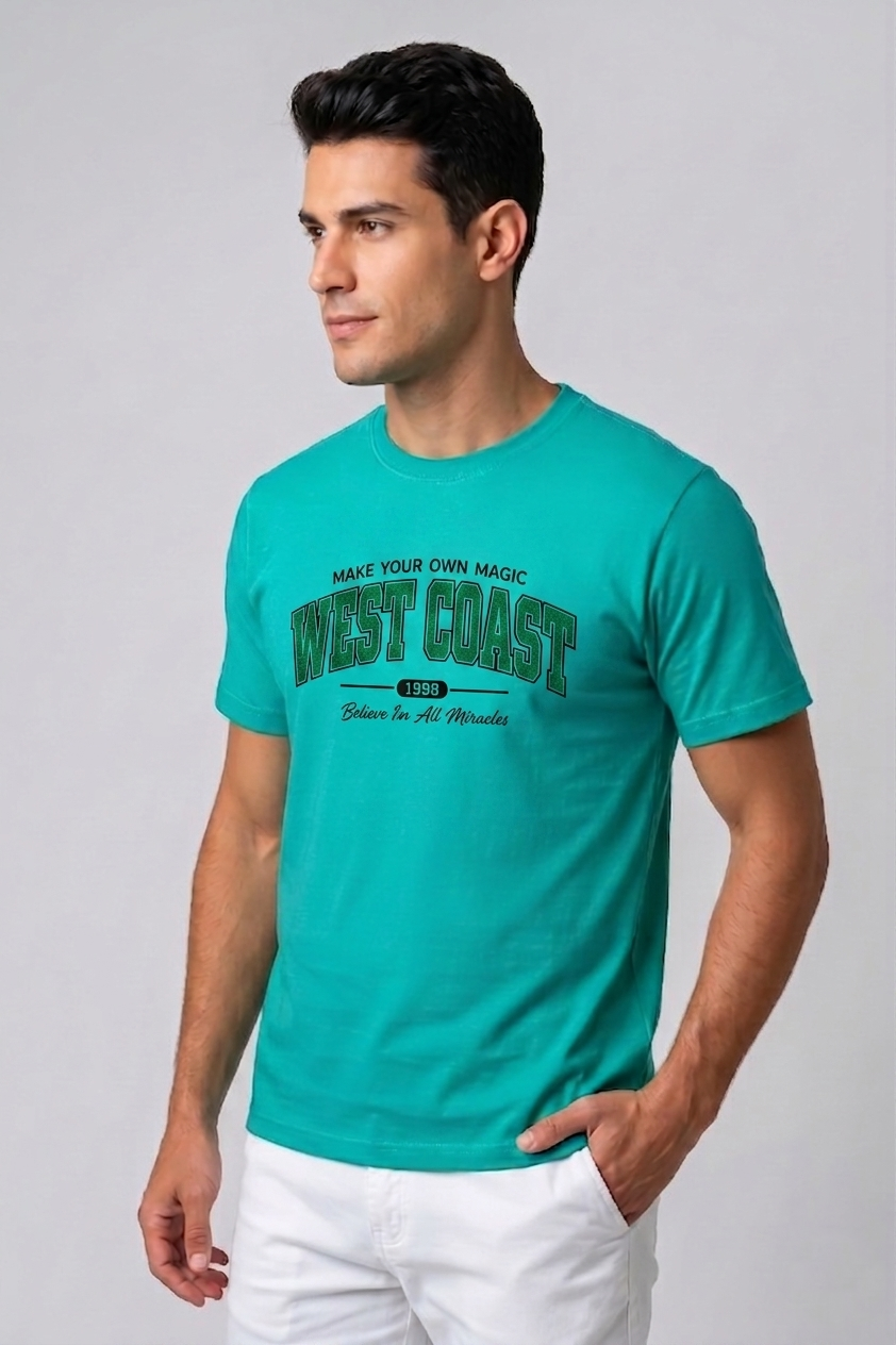 Attire Hub Mens Pure Cotton Teal West Coast Printed Round T-Shirt