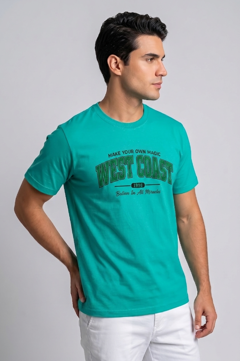 Attire Hub Mens Pure Cotton Teal West Coast Printed Round T-Shirt