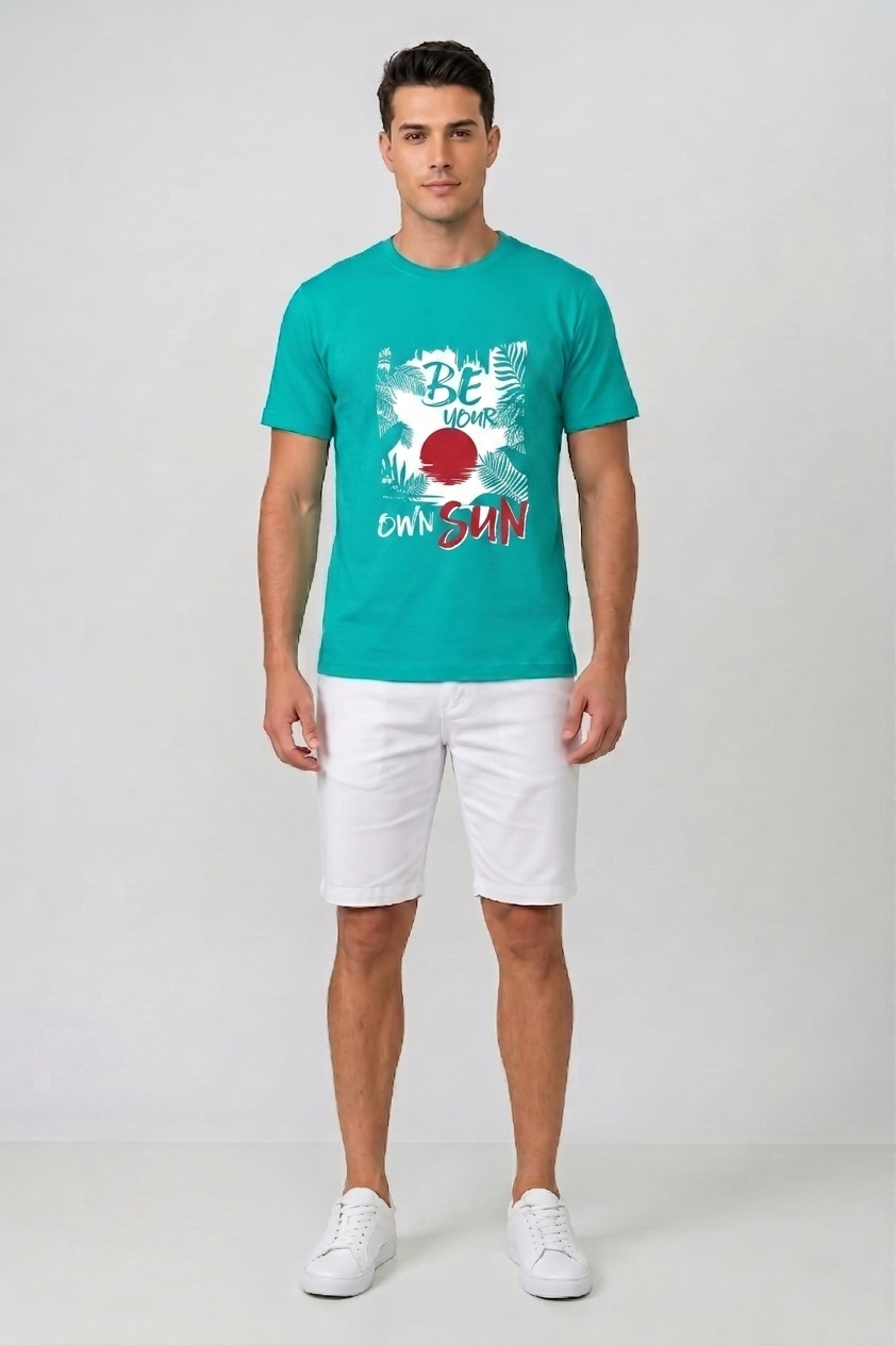 Attire Hub Mens Pure Cotton Teal Summer Style Printed Round T-Shirt