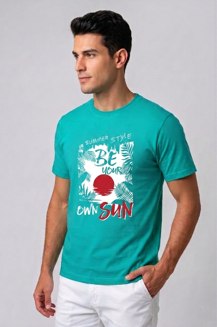 Attire Hub Mens Pure Cotton Teal Summer Style Printed Round T-Shirt