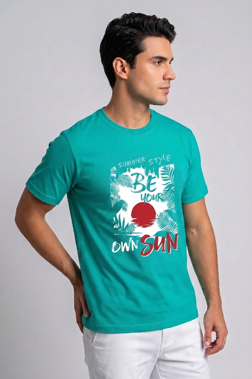 Attire Hub Mens Pure Cotton Teal Summer Style Printed Round T-Shirt