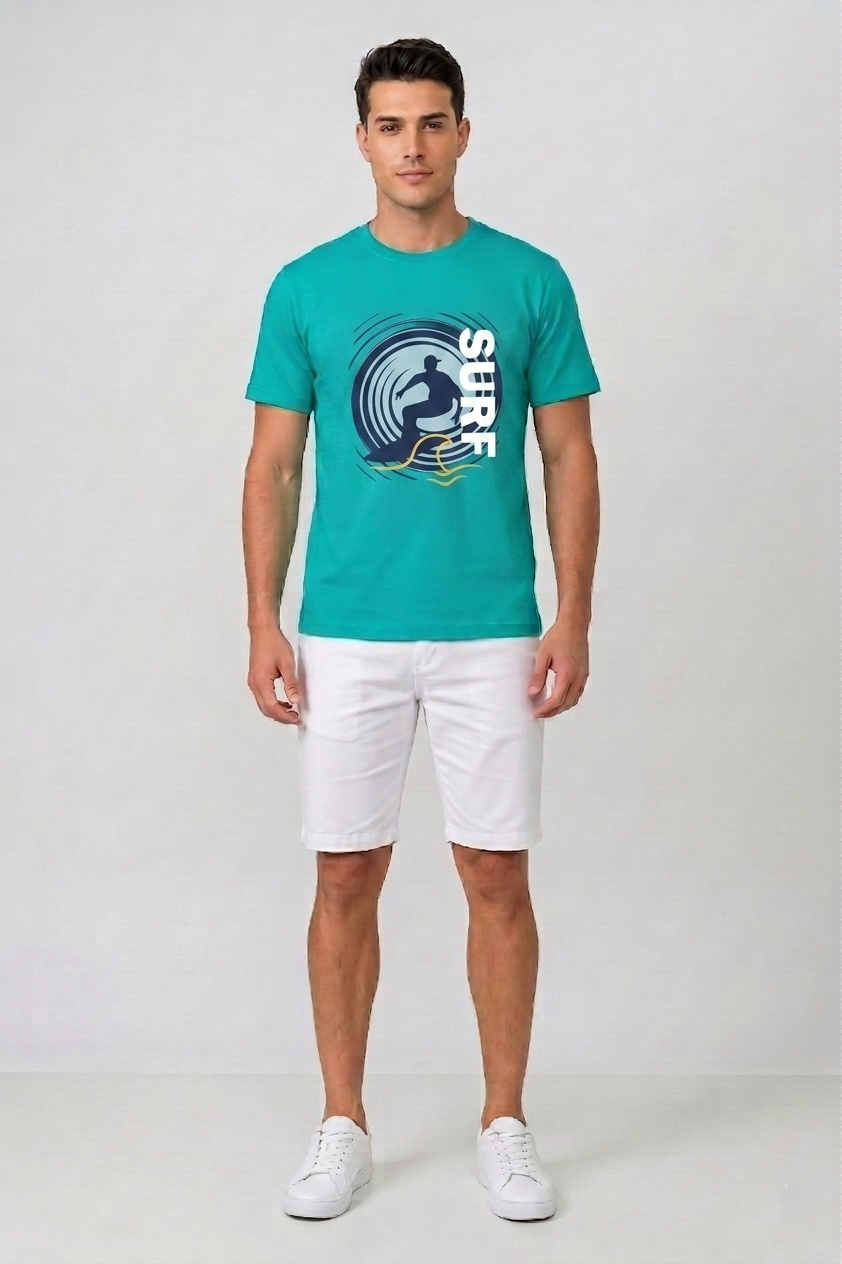 Attire Hub Mens Pure Cotton Teal Surf Printed Round T-Shirt