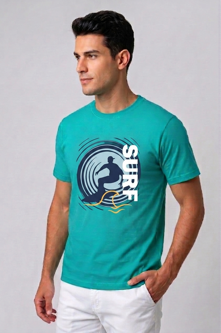 Attire Hub Mens Pure Cotton Teal Surf Printed Round T-Shirt