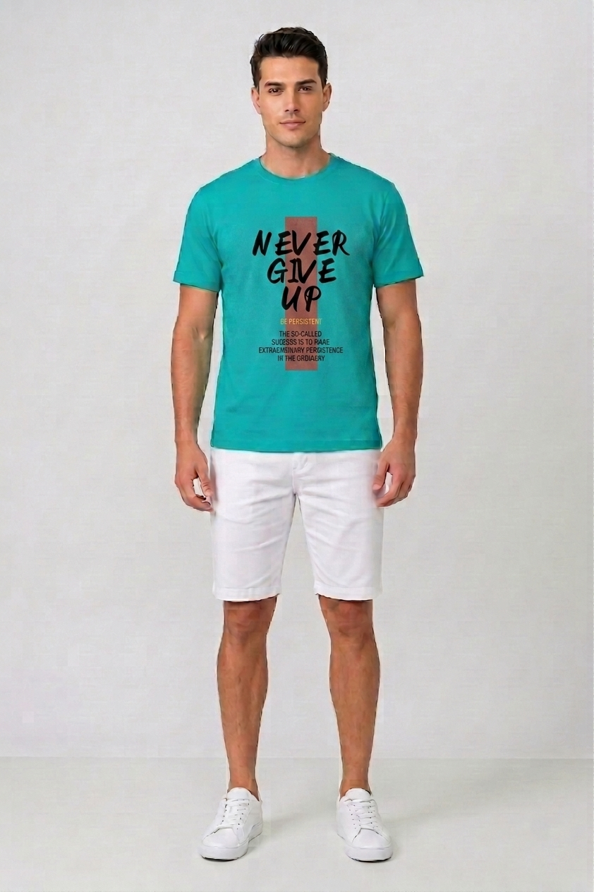 Attire Hub Mens Pure Cotton Teal Neva Give Up Printed Round T-Shirt