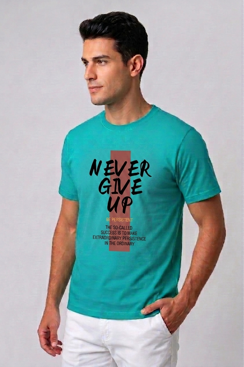 Attire Hub Mens Pure Cotton Teal Neva Give Up Printed Round T-Shirt