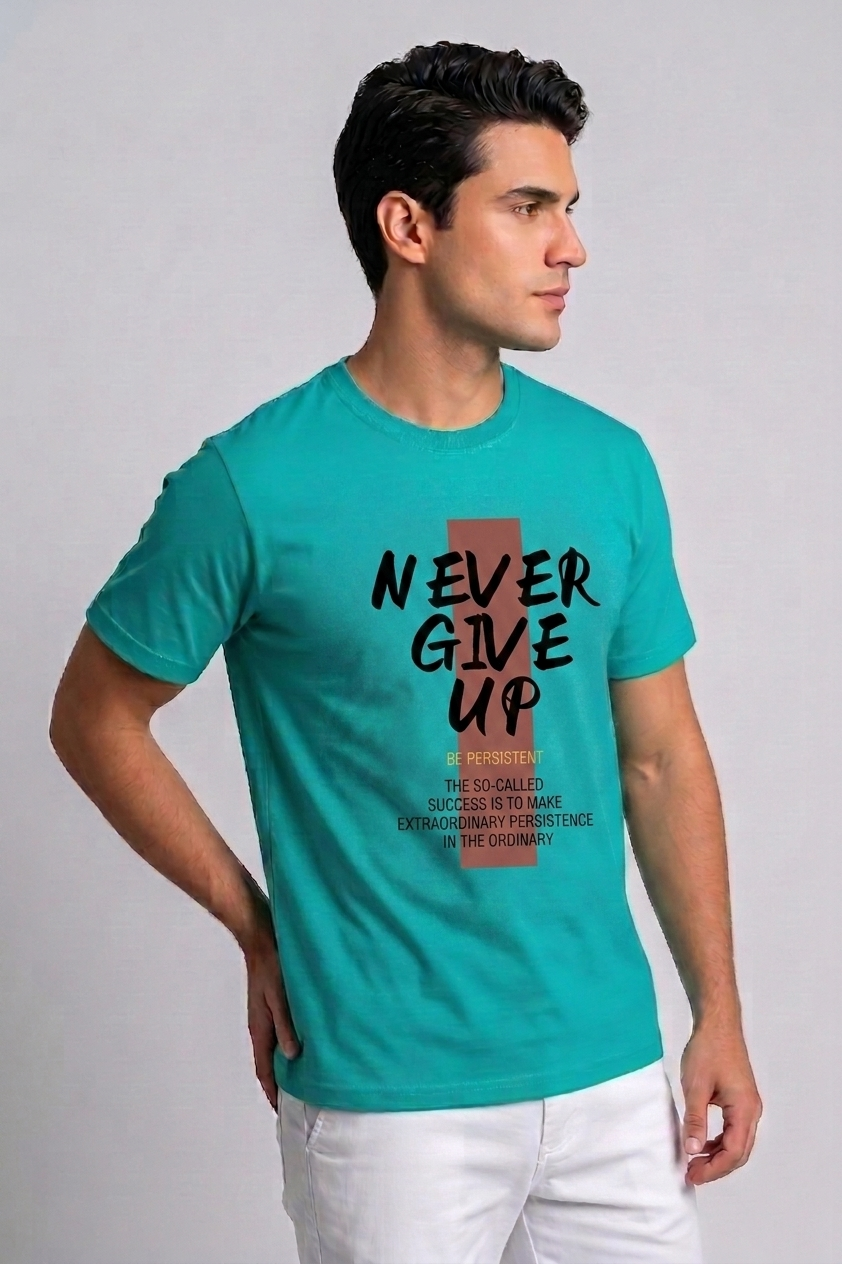 Attire Hub Mens Pure Cotton Teal Neva Give Up Printed Round T-Shirt
