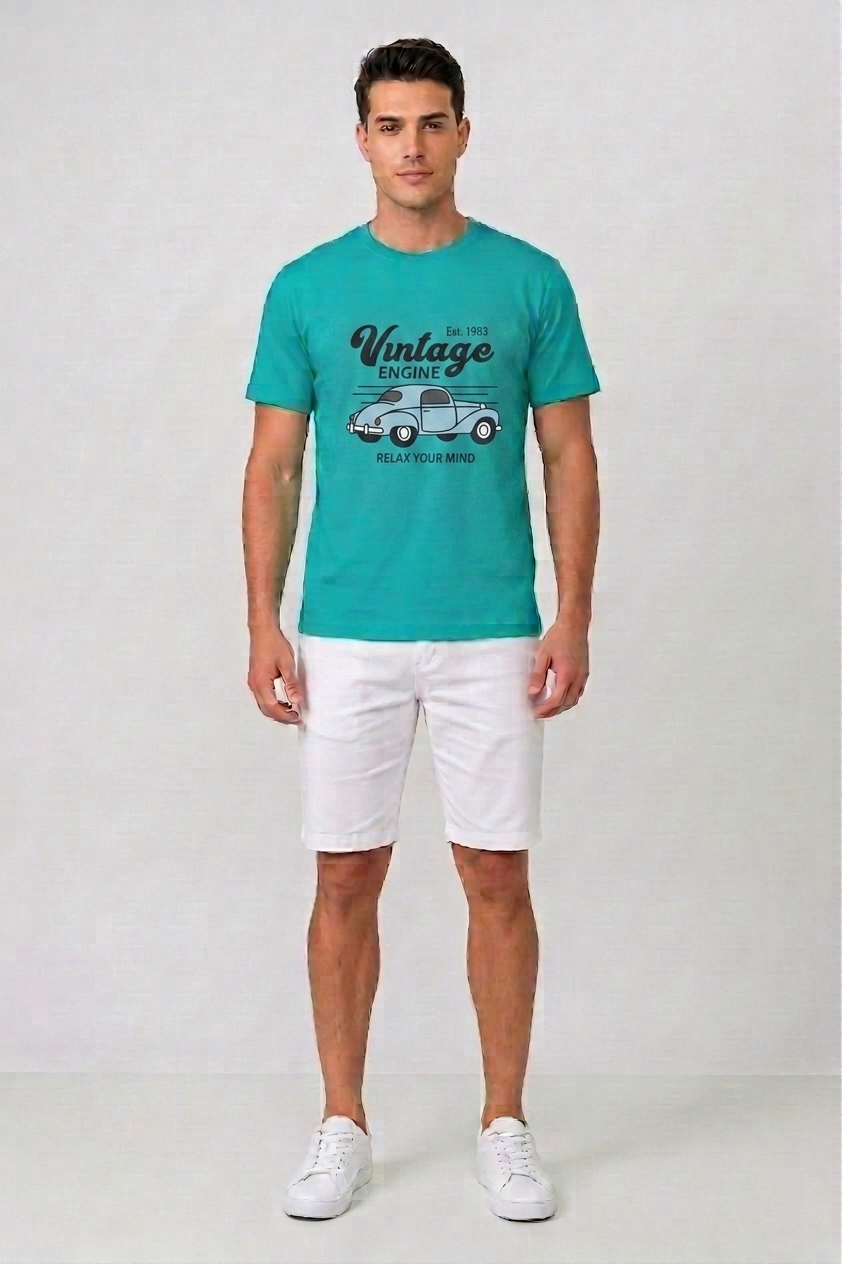 Attire Hub Mens Pure Cotton Teal Vintage Engine Printed Round T-Shirt