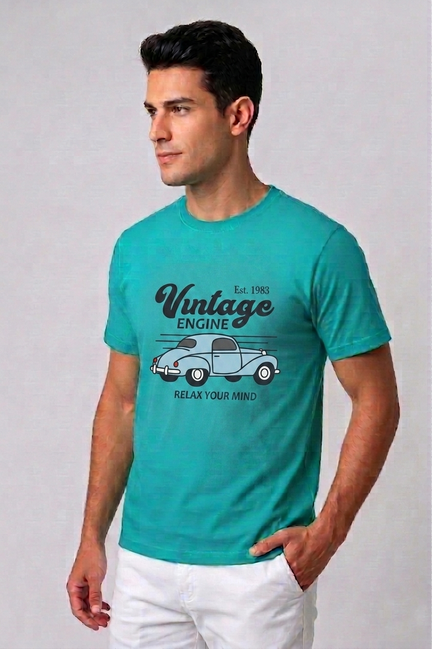 Attire Hub Mens Pure Cotton Teal Vintage Engine Printed Round T-Shirt