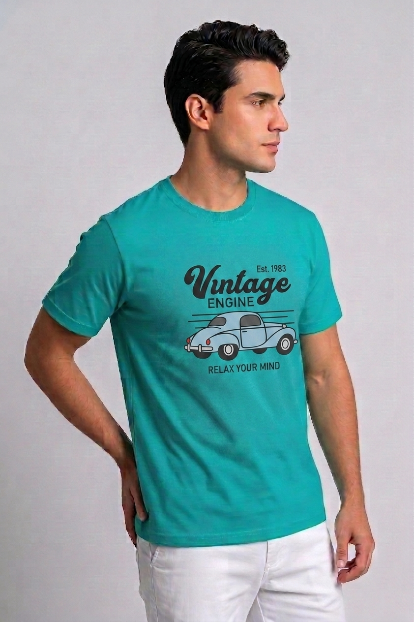 Attire Hub Mens Pure Cotton Teal Vintage Engine Printed Round T-Shirt