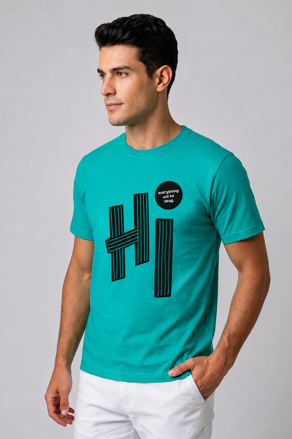 Attire Hub Mens Pure Cotton Teal Hi Printed Round T-Shirt