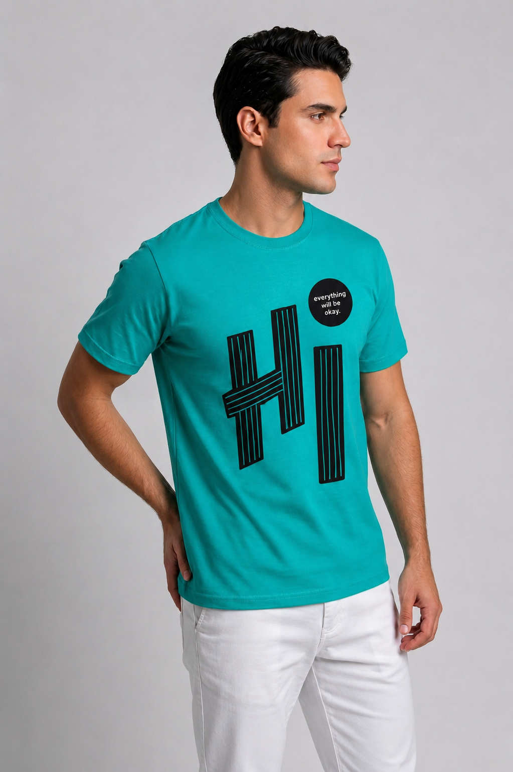 Attire Hub Mens Pure Cotton Teal Hi Printed Round T-Shirt