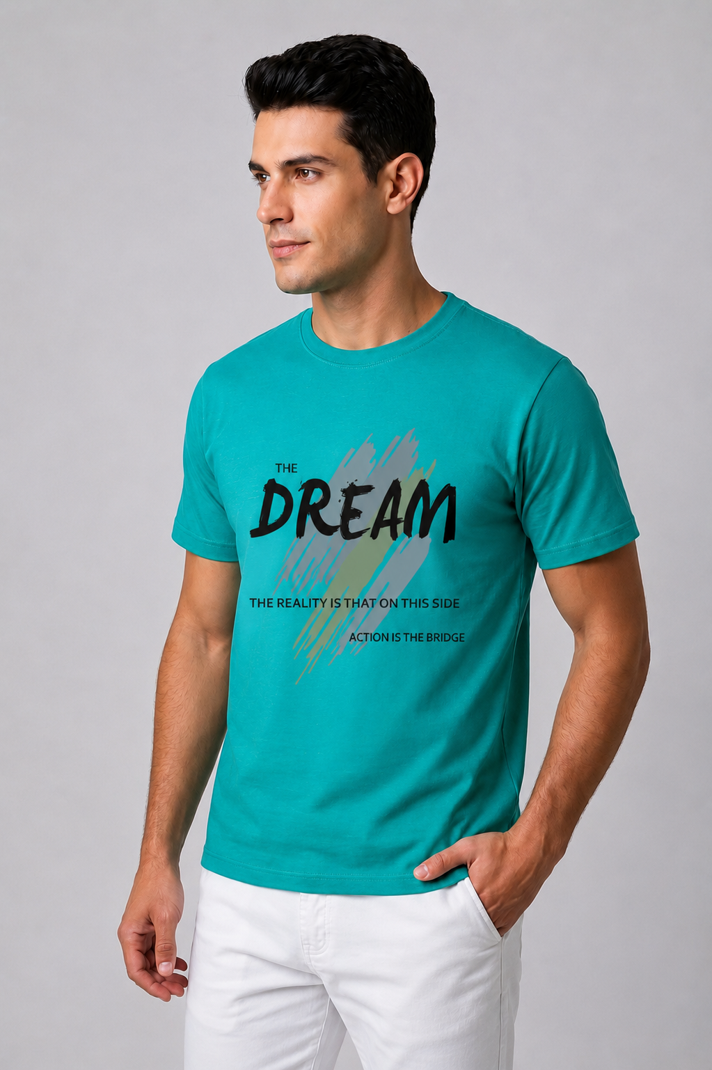 Attire Hub Mens Pure Cotton Teal The Dream Printed Round T-Shirt