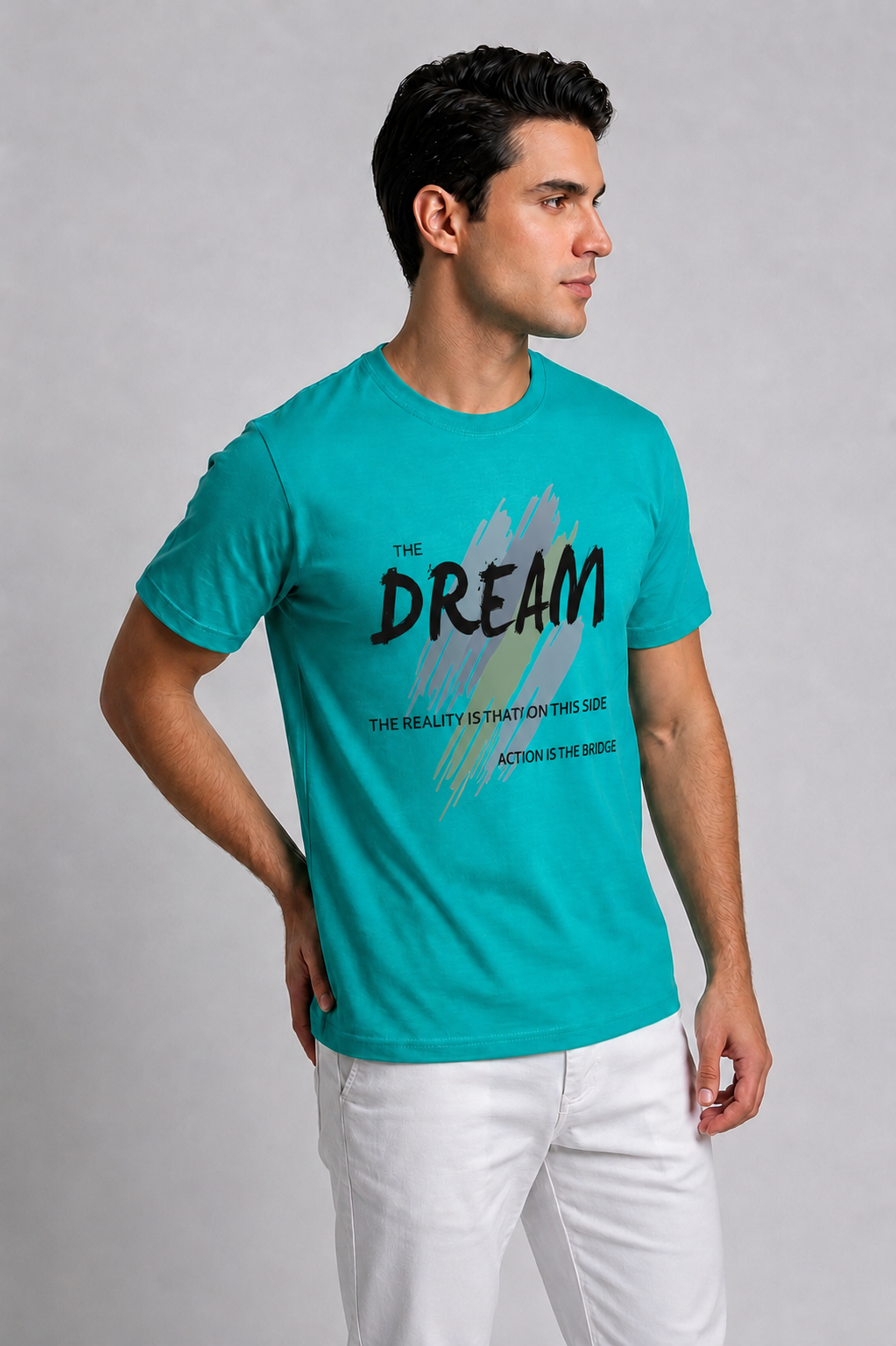 Attire Hub Mens Pure Cotton Teal The Dream Printed Round T-Shirt
