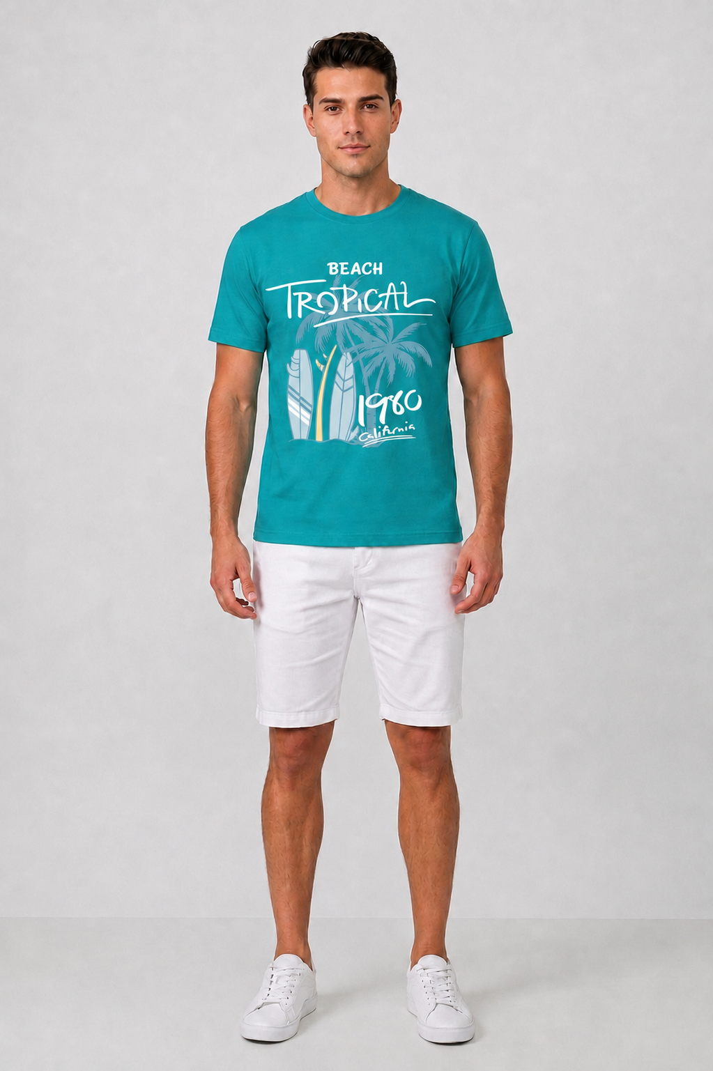 Attire Hub Mens Pure Cotton Teal Beach Tropical Printed Round T-Shirt