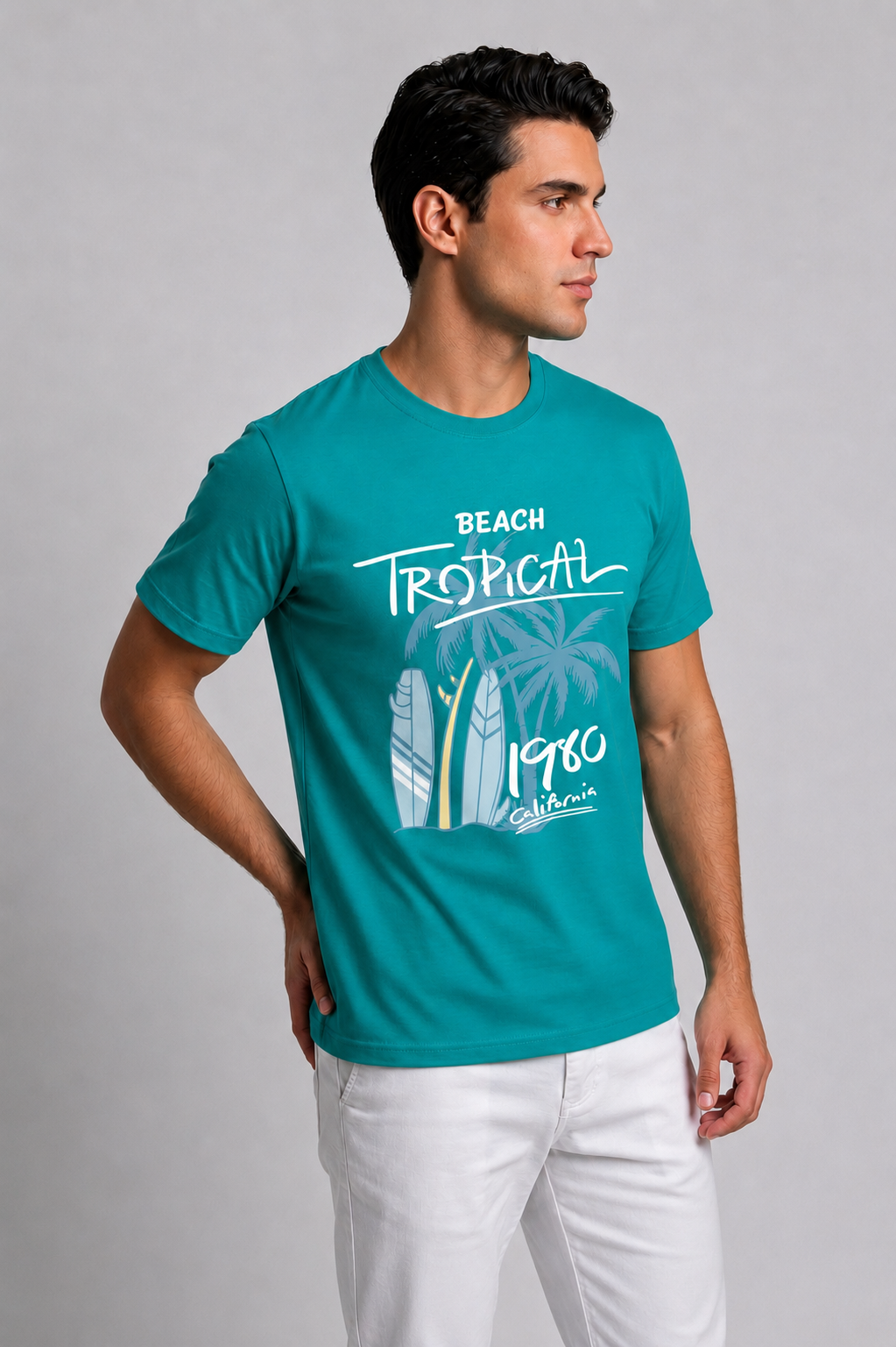 Attire Hub Mens Pure Cotton Teal Beach Tropical Printed Round T-Shirt