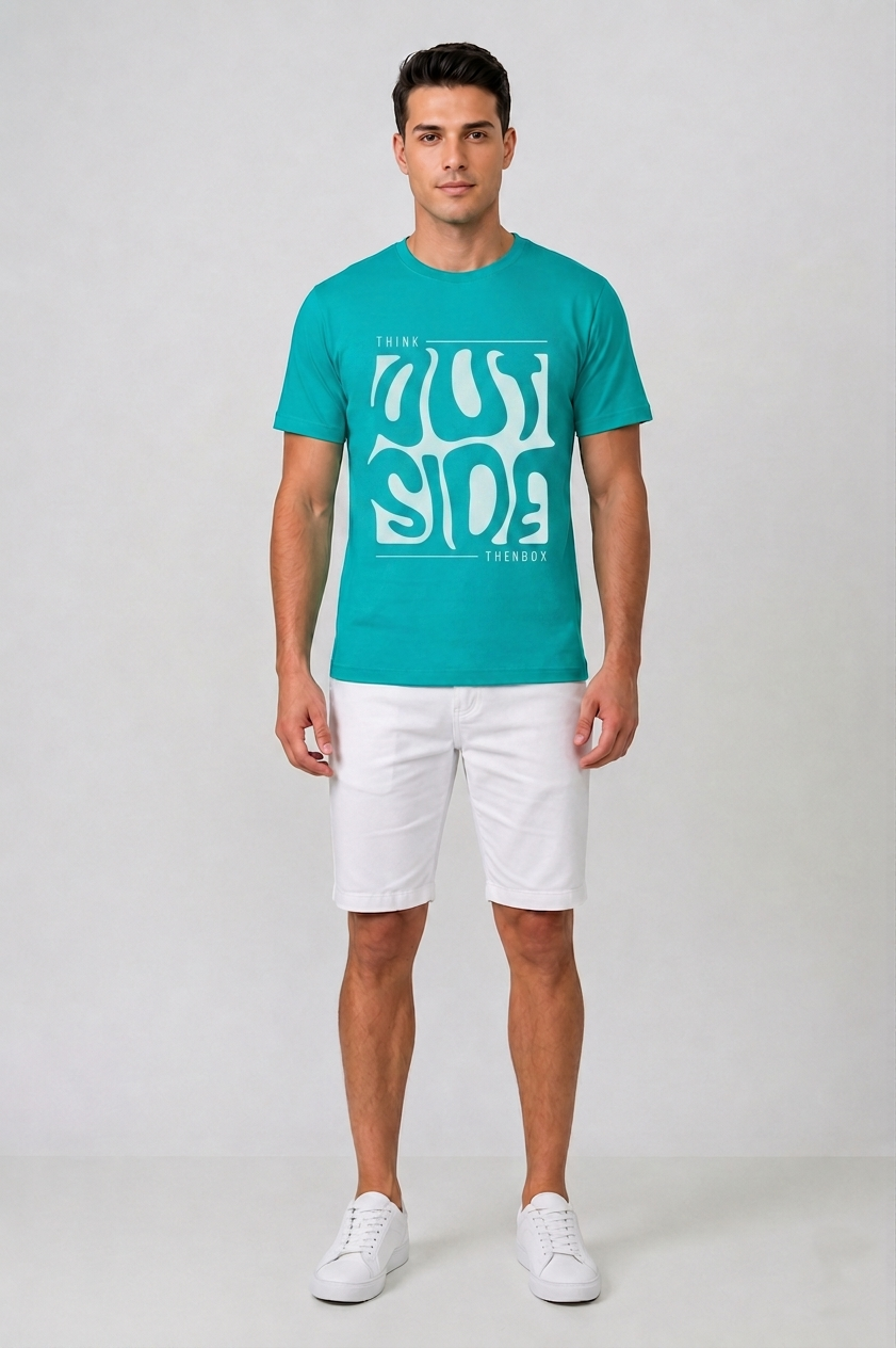 Attire Hub Mens Pure Cotton Teal Outside Printed Round T-Shirt