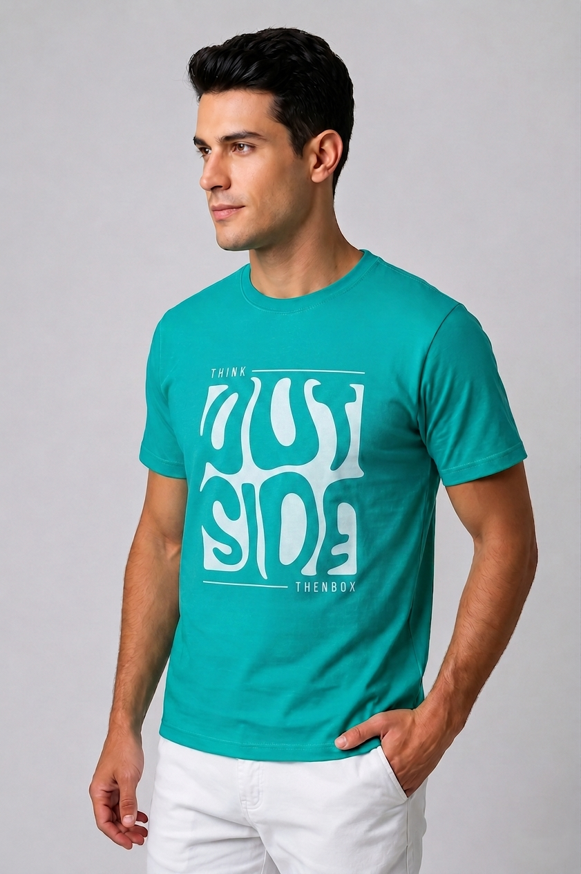 Attire Hub Mens Pure Cotton Teal Outside Printed Round T-Shirt