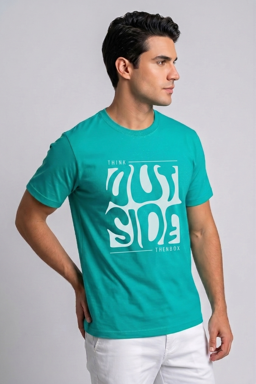 Attire Hub Mens Pure Cotton Teal Outside Printed Round T-Shirt