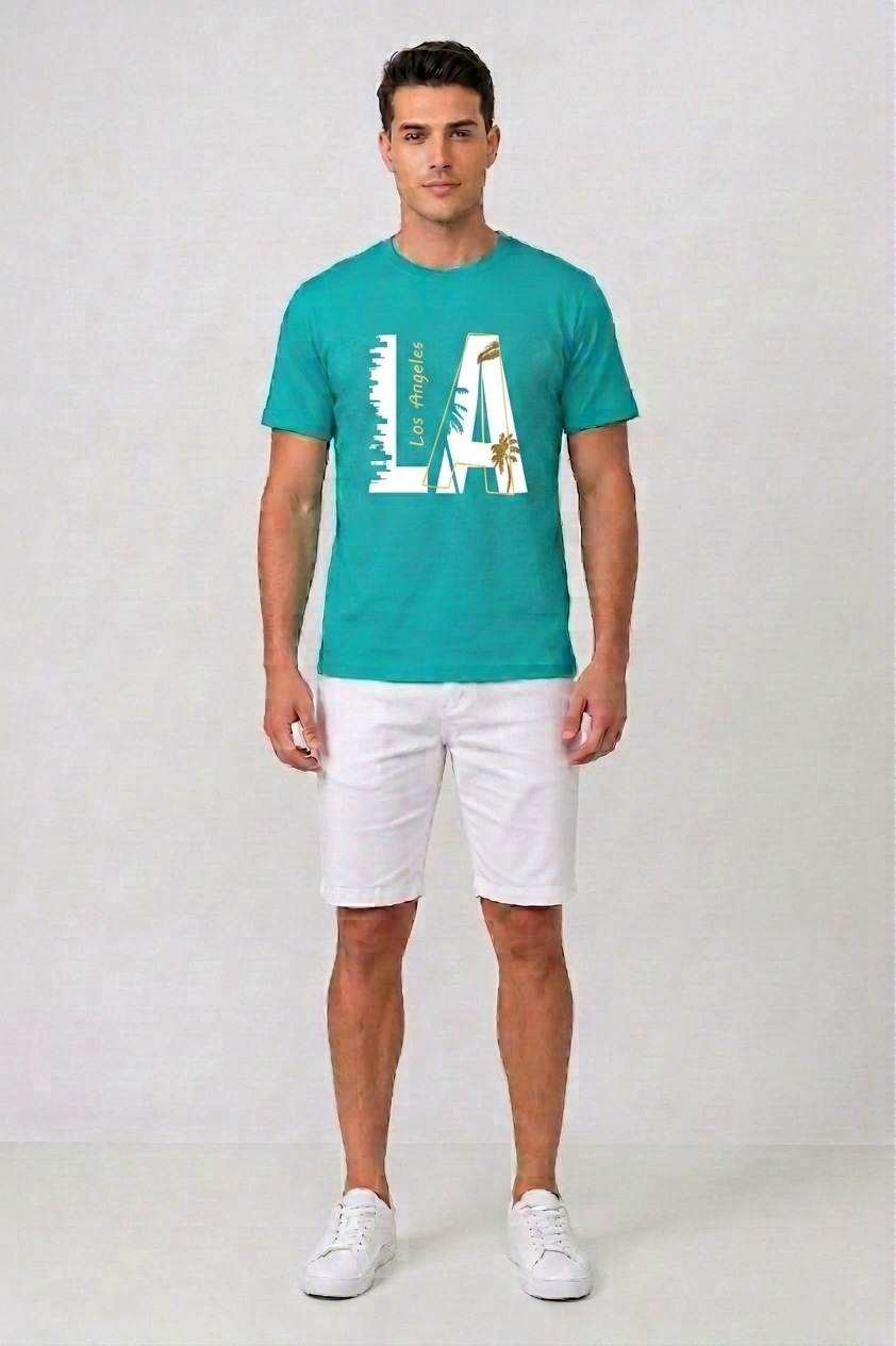 Attire Hub Mens Pure Cotton Teal Los Angeles Printed Round T-Shirt