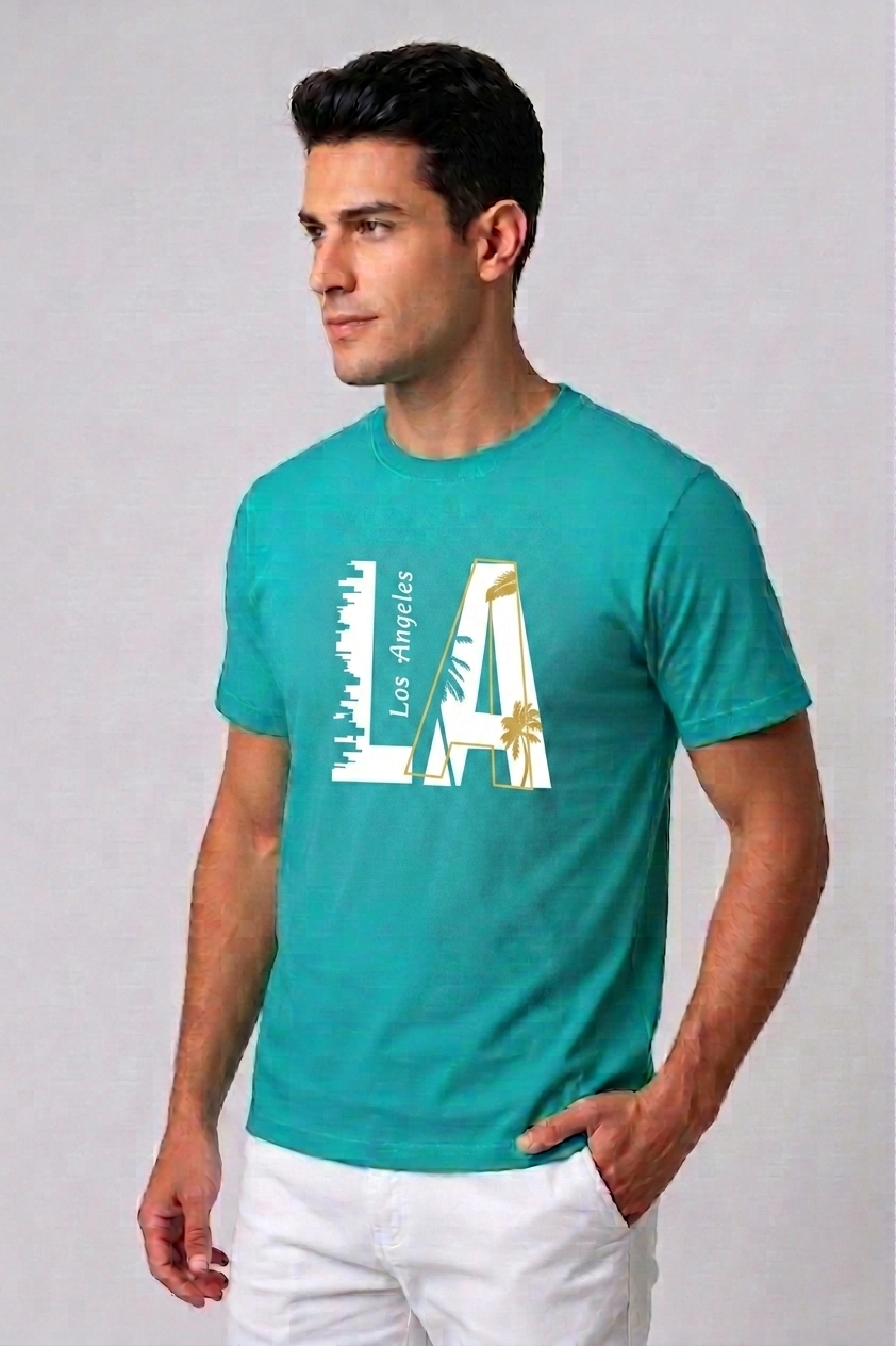 Attire Hub Mens Pure Cotton Teal Los Angeles Printed Round T-Shirt