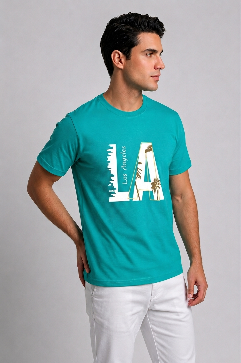 Attire Hub Mens Pure Cotton Teal Los Angeles Printed Round T-Shirt