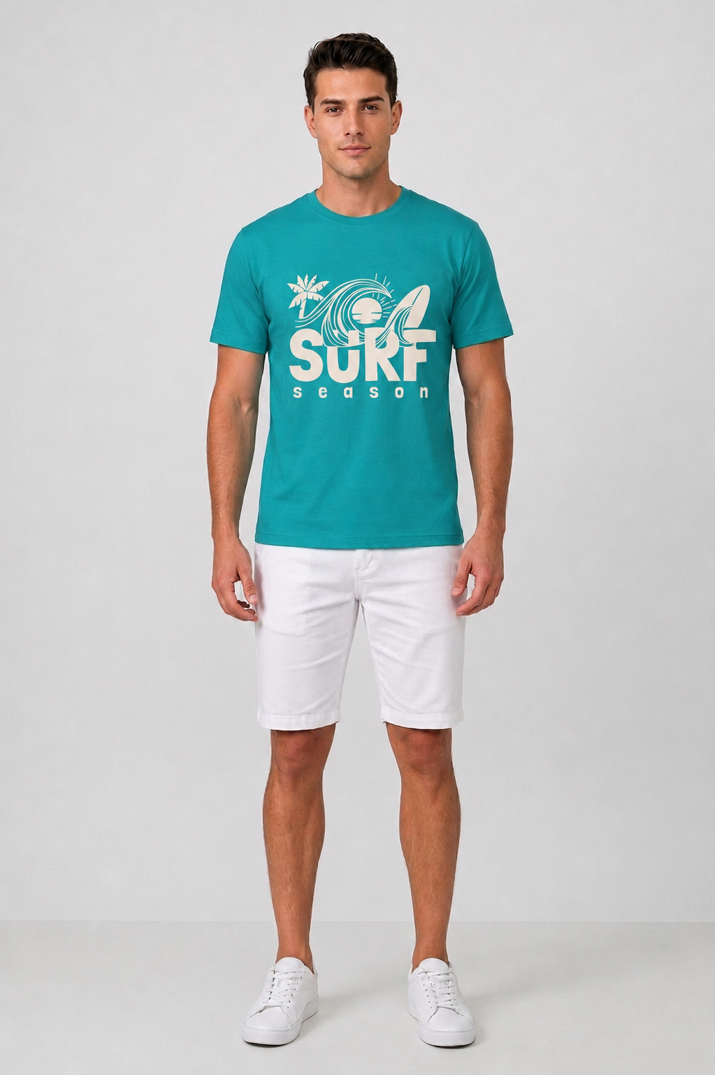 Attire Hub Mens Pure Cotton Teal Surf Season Printed Round T-Shirt