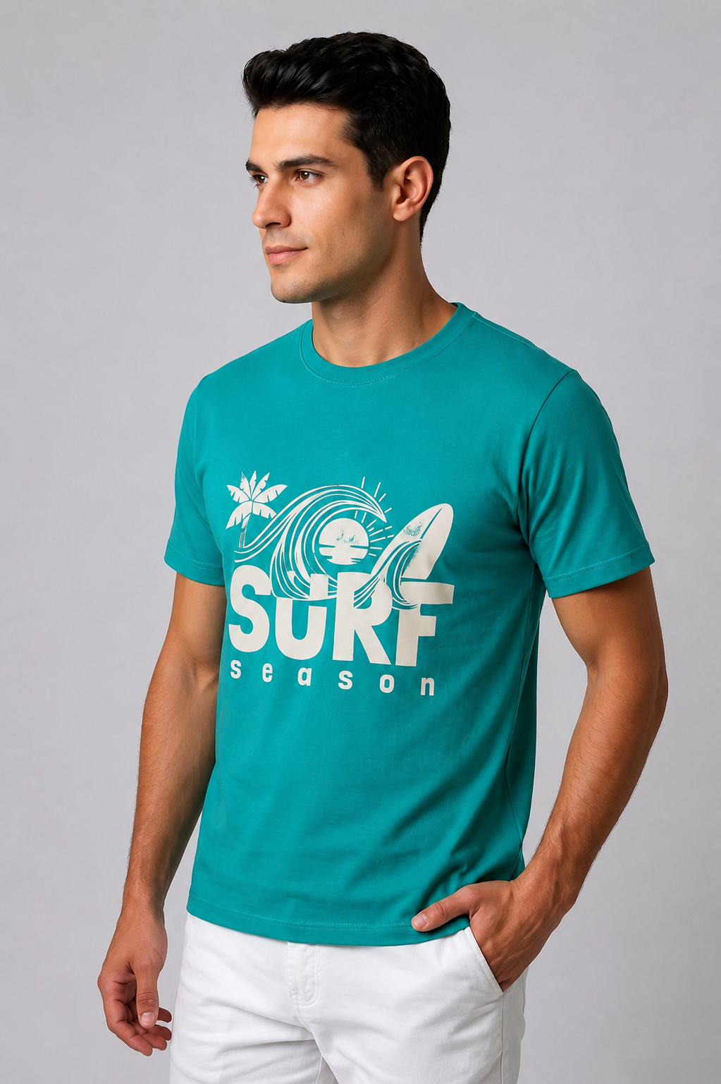 Attire Hub Mens Pure Cotton Teal Surf Season Printed Round T-Shirt