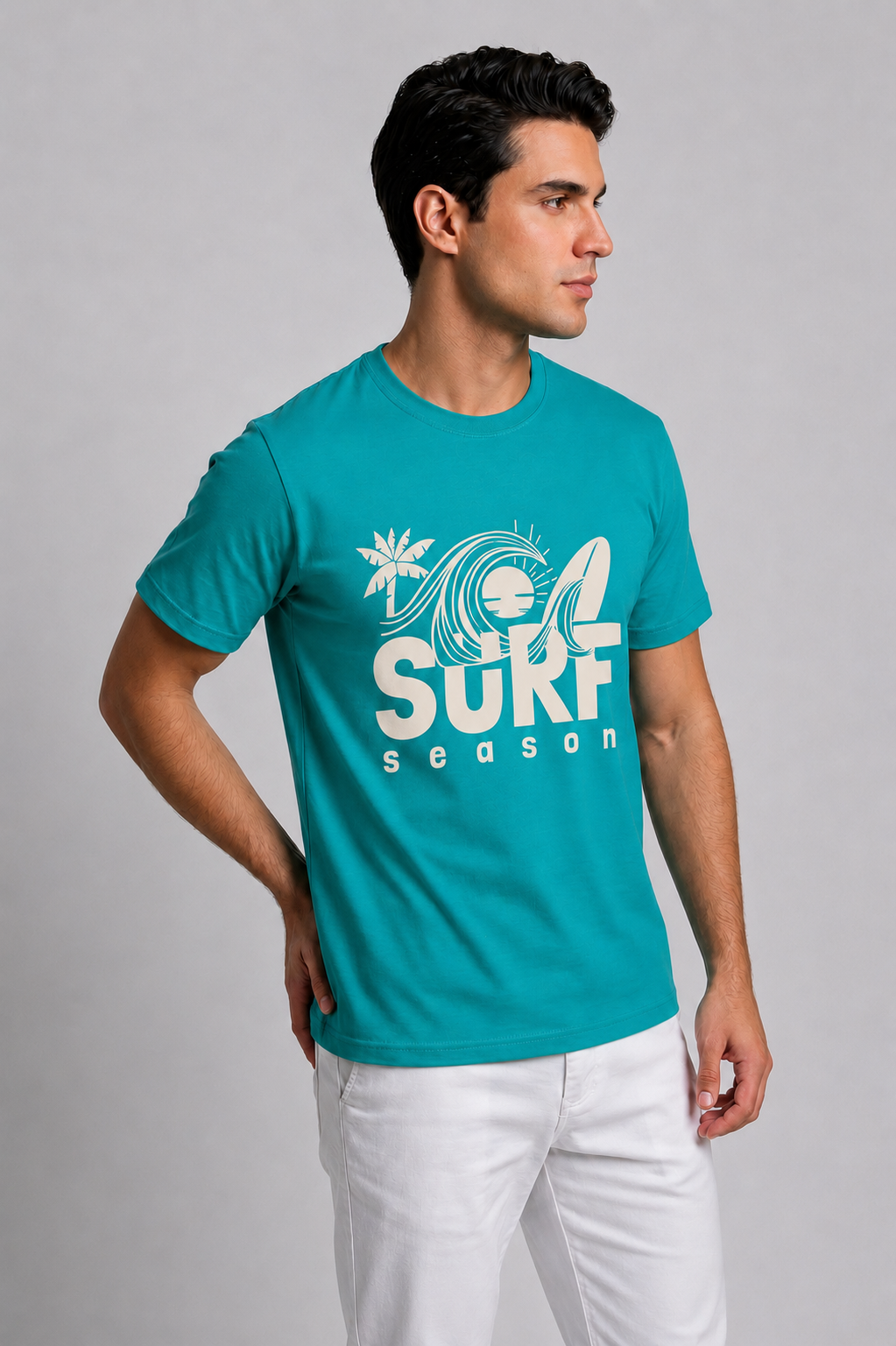 Attire Hub Mens Pure Cotton Teal Surf Season Printed Round T-Shirt