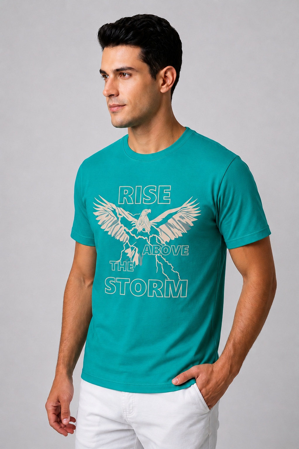Attire Hub Mens Pure Cotton Teal Rise Storm Printed Round T-Shirt