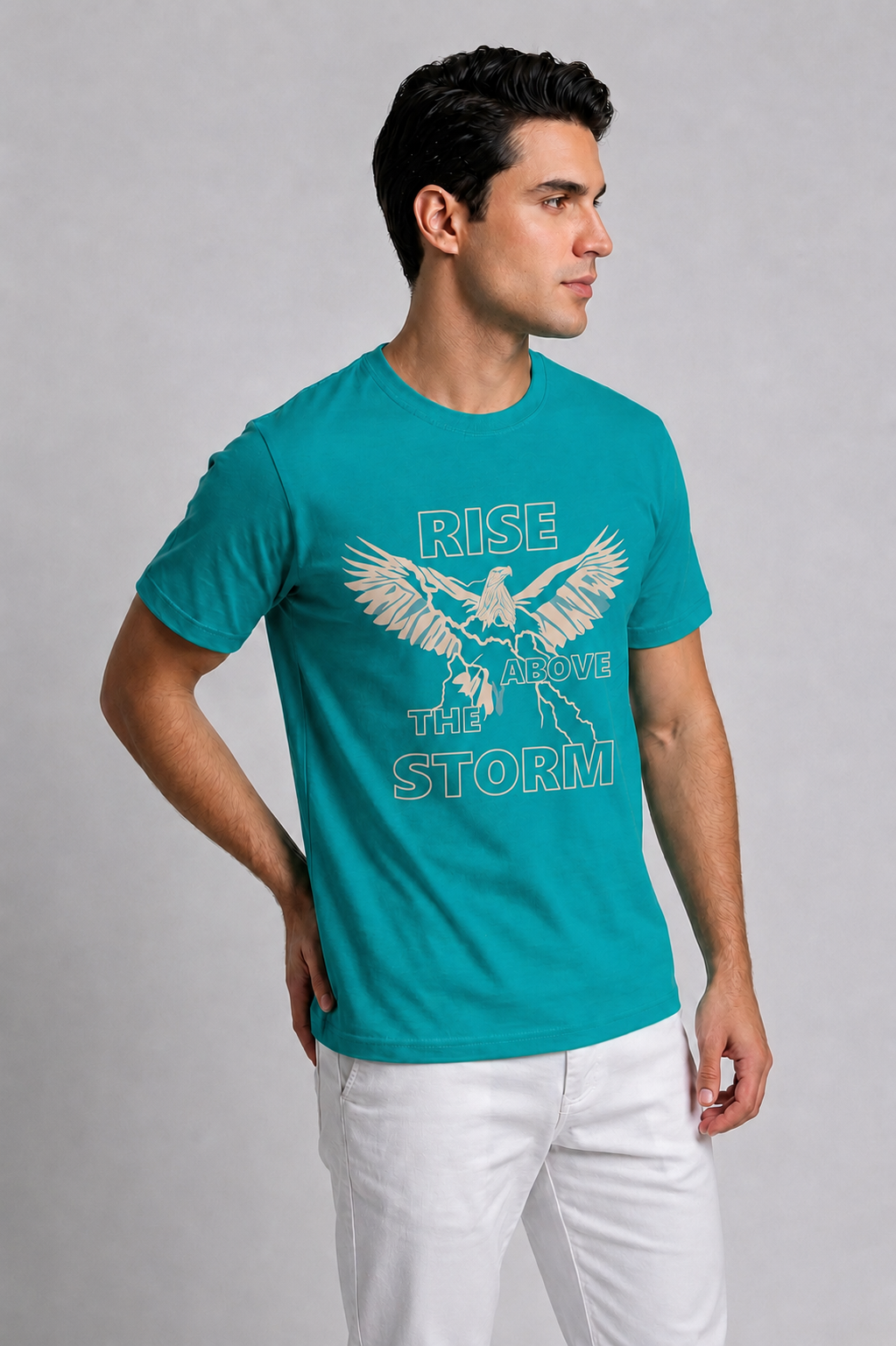 Attire Hub Mens Pure Cotton Teal Rise Storm Printed Round T-Shirt