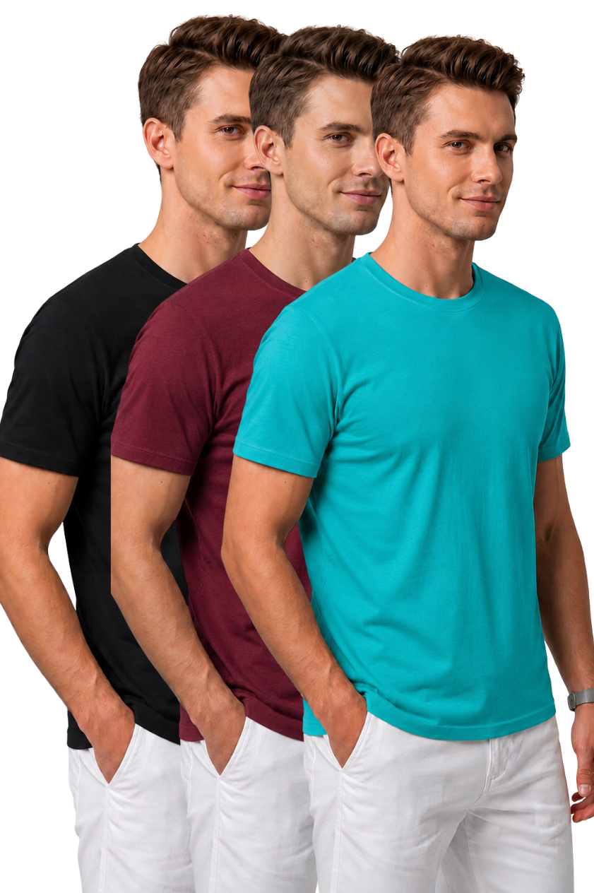 Attire Hub Mens Pure Cotton Multi Pack Solid Round T-Shirt (Pack of 3)